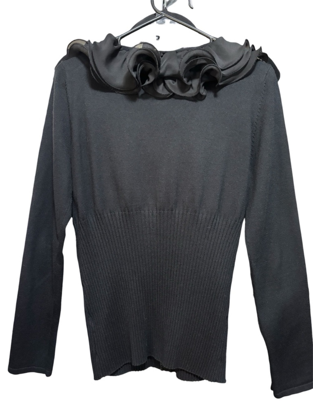 BELLDINI Black Marionette Ruffle Collar Rhinestone Zip Cardigan - Picture 3 of 3
